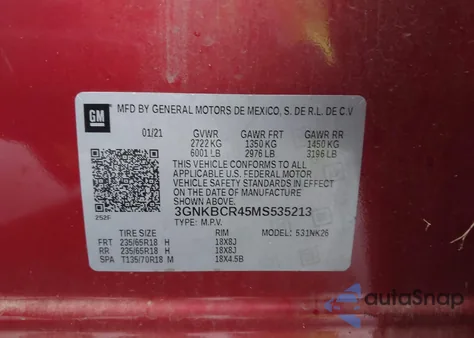 2021 Chevrolet Blazer Fwd 2Lt из США, поврежденный, VIN 3GNKBCR45MS535213